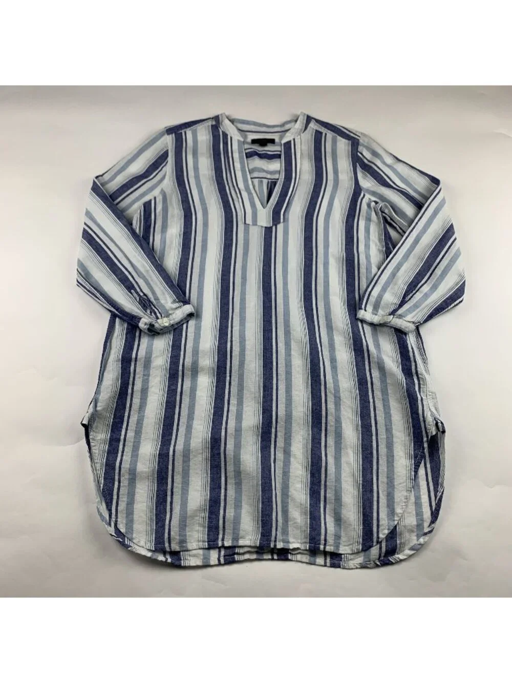 J.Crew Blue Striped Linen Blend Split Neck Tunic Shirt Dress S - Picture 1 of 8